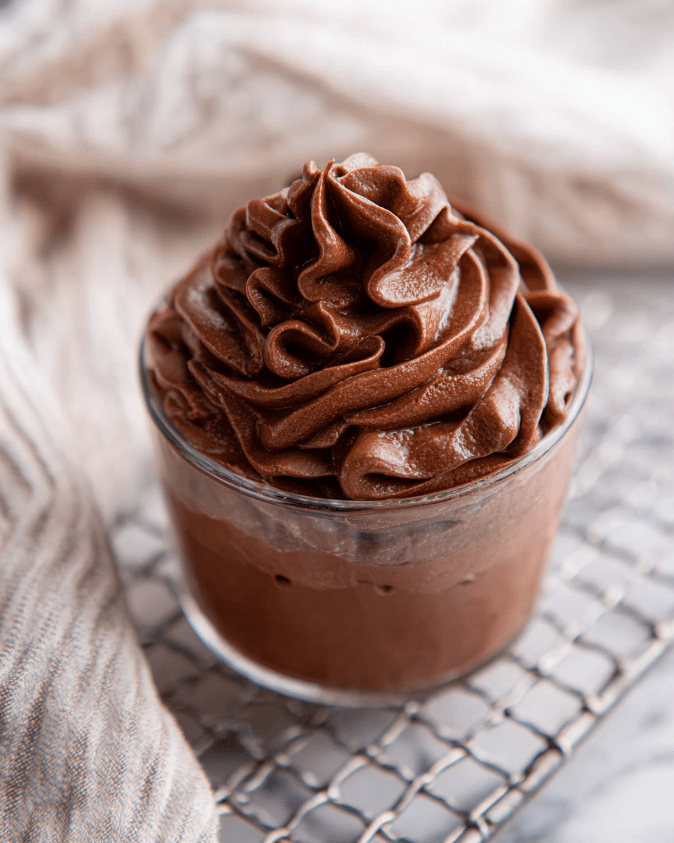 A small clear glass cup filled with rich, dark brown chocolate mousse seen in a close-up. The mousse has two distinct layers: a smooth, dense bottom layer that fills the cup about halfway, and a top layer of thick, whipped chocolate swirls that create soft peaks covering the rest of the cup. The cup sits on a silver wire rack placed over a white marbled surface, with a slightly blurred white and neutral-toned striped cloth visible on the left side. The overall look is creamy and inviting, highlighting the mousse’s texture and color. Photo taken with an iphone --ar 4:5 --v 7