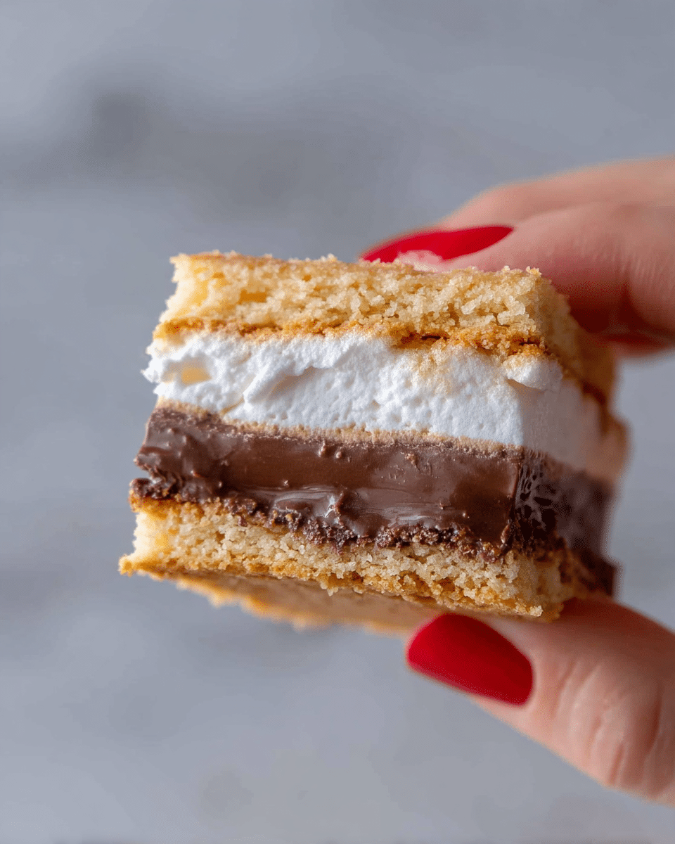 A close-up of a dessert held by a woman's hand with red painted nails against a white marbled background, showing three visible layers: the bottom layer is a light golden crunchy biscuit, the middle layer is smooth and thick dark chocolate, and the top layer is fluffy white marshmallow. The layers are stacked evenly, with a slightly crumbly texture on the biscuit and a creamy finish on the marshmallow, capturing the rich contrast between each part. photo taken with an iphone --ar 4:5 --v 7