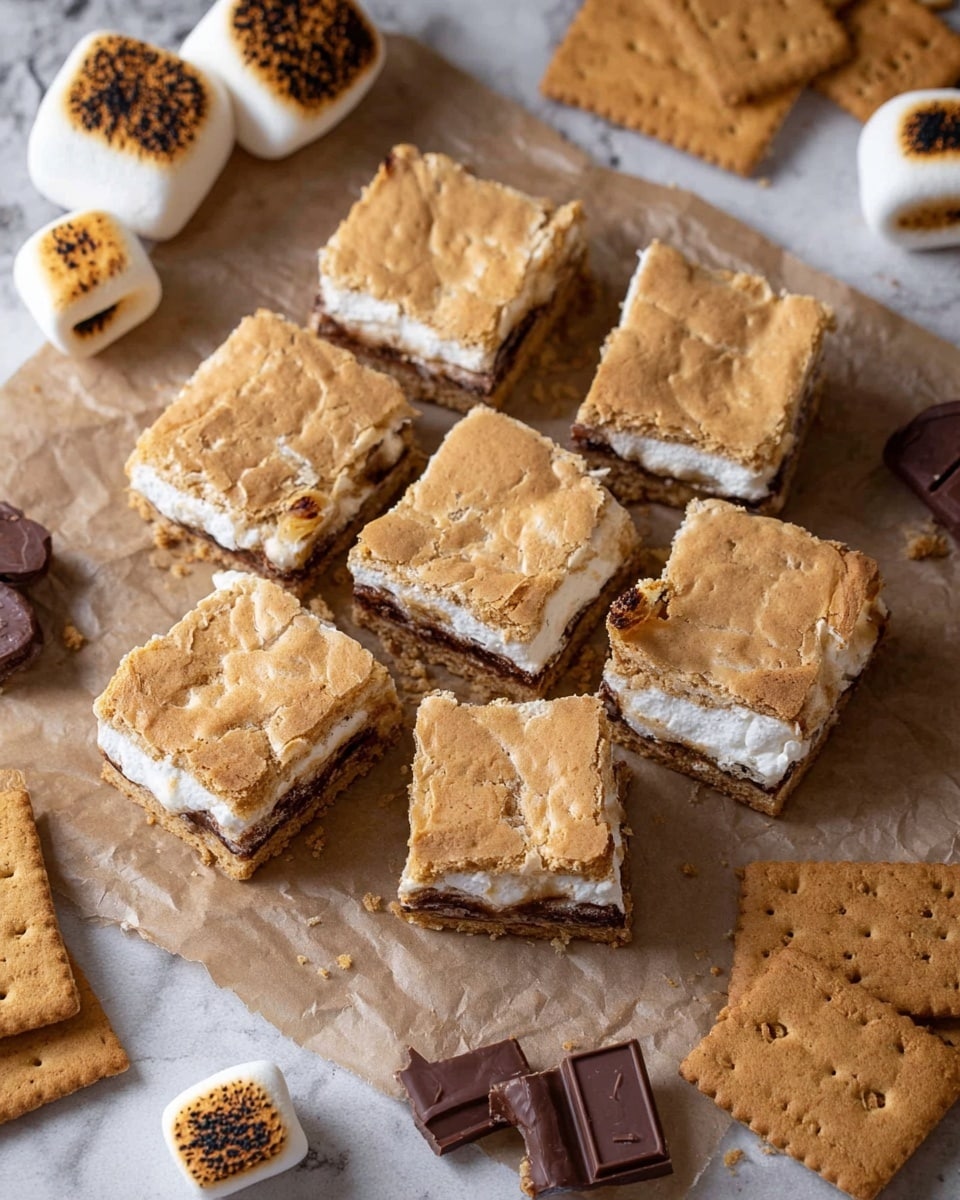 A group of s'mores bars cut into squares are placed on brown parchment paper. Each bar has three layers: a top light golden brown baked crust layer with a cracked texture, a white marshmallow middle layer, and a bottom graham cracker layer. Around the bars, there are full and broken white graham crackers, small squares of dark milk chocolate, and two toasted marshmallows with dark brown char marks. The background is a white marbled texture. photo taken with an iphone --ar 4:5 --v 7