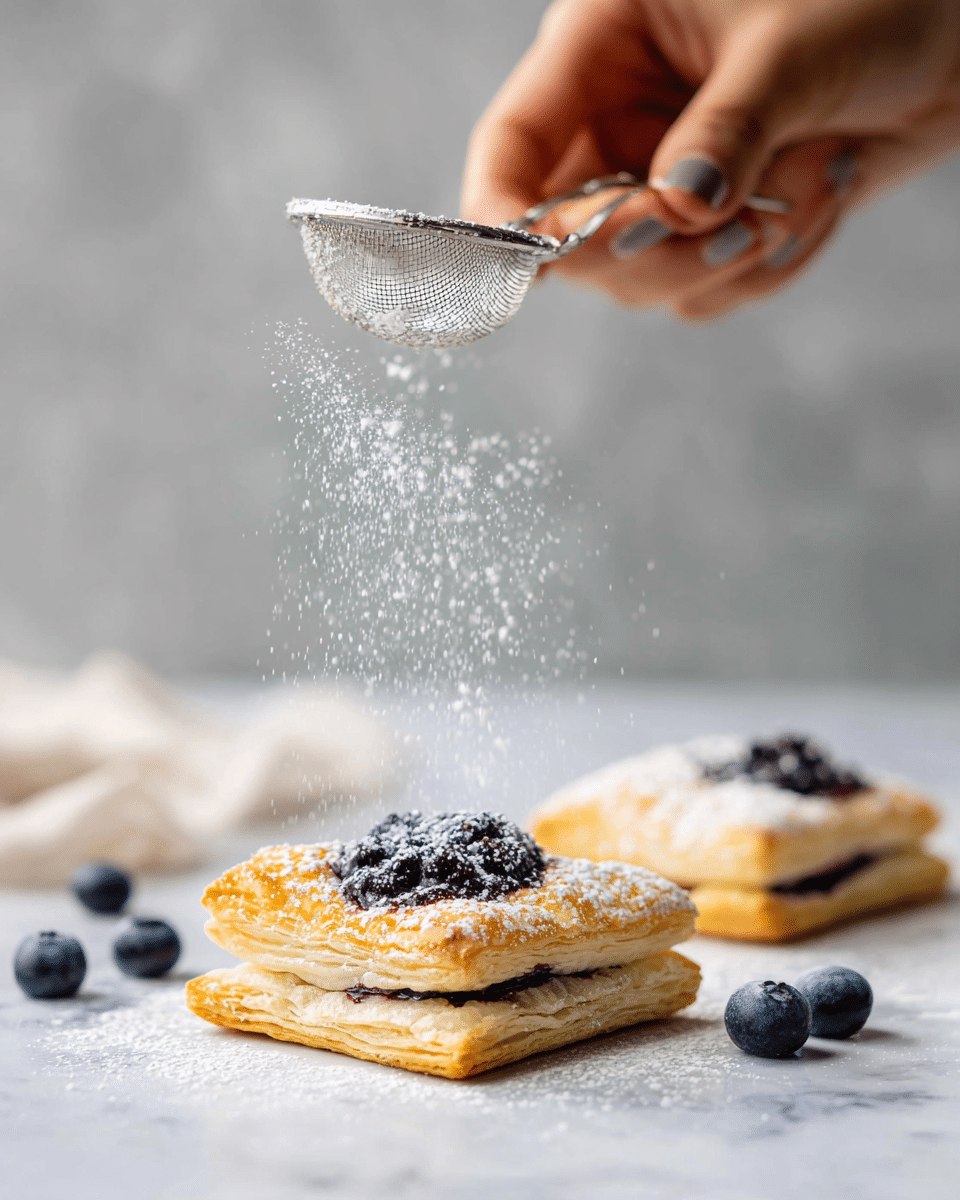 A close-up image of a woman's hand holding a small metal sieve dusting white powdered sugar over two square puff pastries placed on a white marbled surface. Each pastry has three visible layers of golden-brown flaky crust with a shiny, slightly crisp texture. The top layer holds a filling of dark purple blueberries that contrast with the light crust. Several loose fresh blueberries are scattered around the pastries, adding a natural touch. The background is softly blurred in light gray tones, highlighting the falling powdered sugar in midair. photo taken with an iphone --ar 4:5 --v 7