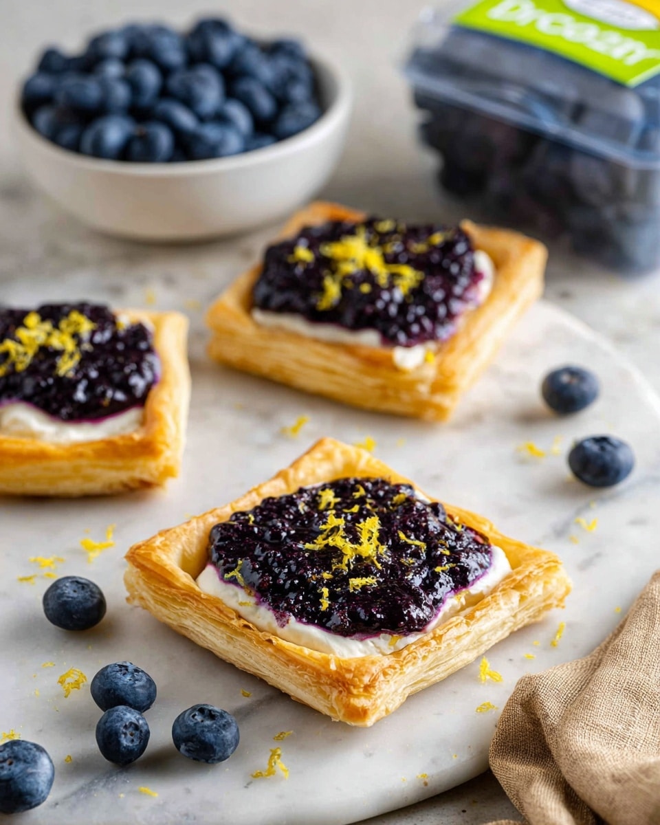 The image shows three blueberry tarts on a white marbled surface, each tart square with a golden, flaky puff pastry base making the first layer. The second layer is a thick, creamy white spread, likely cream cheese or custard, with a smooth texture. The top layer is a deep purple blueberry compote, dense and glossy, filling the center, lightly sprinkled with bright yellow lemon zest. Around the tarts are scattered fresh whole blueberries and some lemon zest pieces, with a white bowl full of fresh blueberries and a clear plastic blueberry container in the background. A beige cloth is partly visible in the bottom right corner. photo taken with an iphone --ar 4:5 --v 7