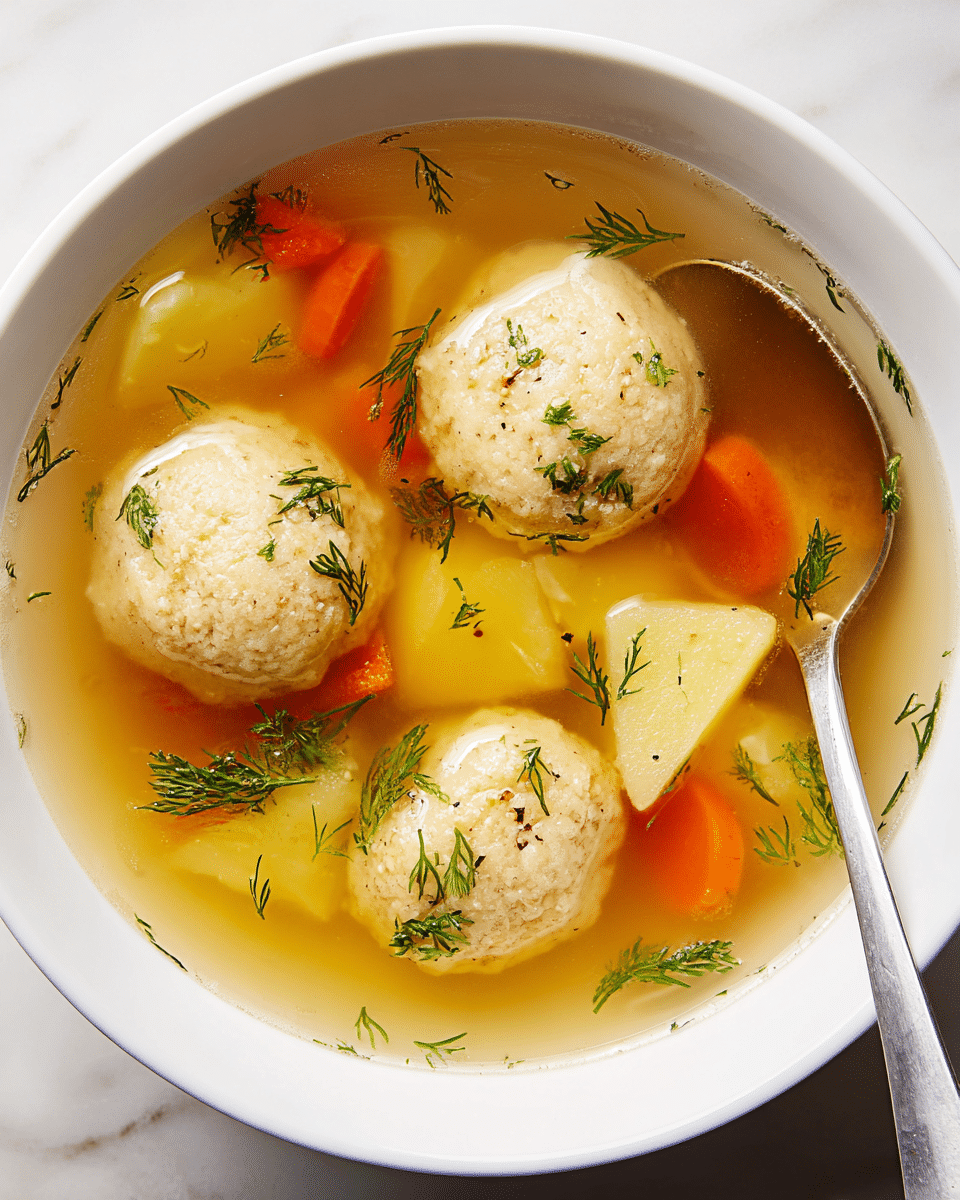 A white bowl filled with clear golden broth shows three large, fluffy matzo balls with a soft, slightly grainy texture sitting on top. Inside the broth are yellowish chunks of potato and bright orange carrot pieces. Small sprigs of fresh green dill float gently around the soup, adding color contrast. A metal spoon rests on the side of the bowl, partially in the soup, and the whole bowl sits on a white marbled surface. Photo taken with an iphone --ar 4:5 --v 7