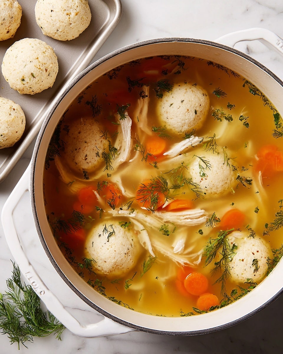 A white pot filled with clear golden broth containing several layers of ingredients: shredded white chicken pieces spread throughout, round orange carrot slices floating on the surface, and sprigs of fresh green dill scattered lightly on top. The pot is placed on a white marbled surface, and next to it is a baking tray with six light beige round dumplings that have a slightly rough texture. A few dill leaves are also scattered on the surface nearby. photo taken with an iphone --ar 4:5 --v 7
