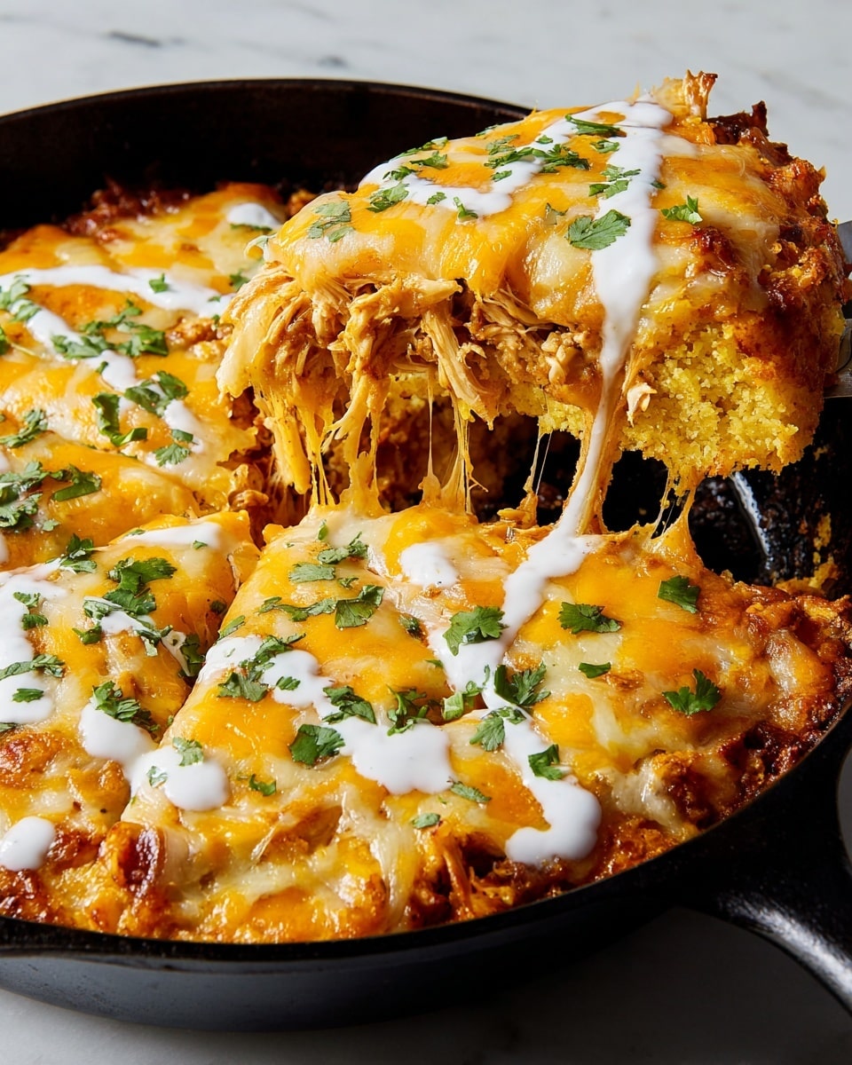 A close-up of a skillet filled with a layered casserole. The bottom layer is a golden, crumbly cornbread base. Above it is a thick layer of shredded chicken covered in melted, bright orange cheddar cheese stretching as a slice is lifted out. White creamy sauce is drizzled lightly across the top, with small green cilantro leaves scattered over the cheese. The skillet sits on a white marbled surface. Photo taken with an iphone --ar 4:5 --v 7