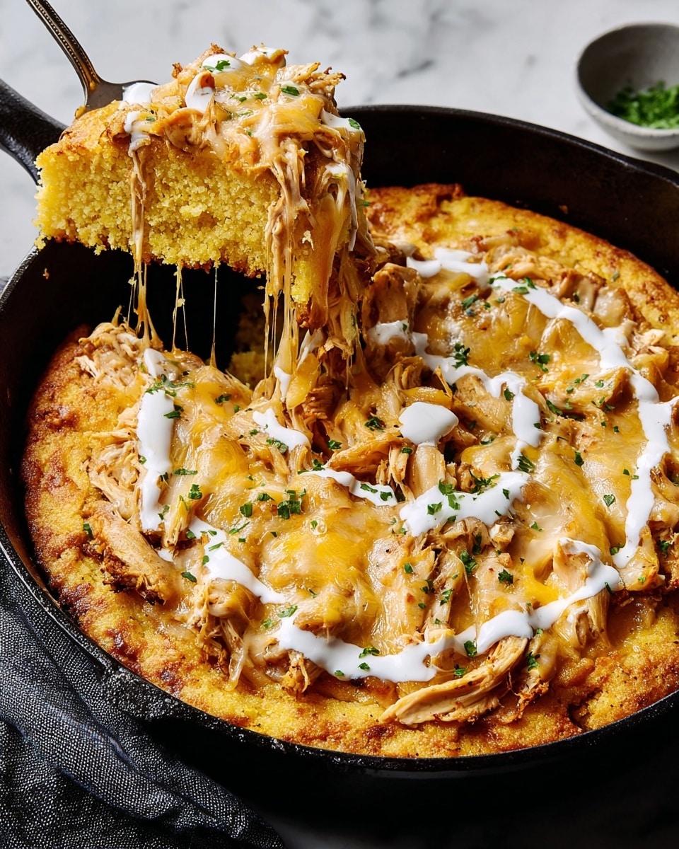 The image shows a black cast iron skillet filled with a layered dish. The bottom layer is a crumbly, golden-yellow cornbread. Above that, there are shredded pieces of cooked chicken, covered by a layer of melted golden cheese that is slightly browned on top. Swirls of white sauce are drizzled across the cheese, and small bits of green herbs are scattered on top for garnish. Part of the dish is lifted out, showing cheesy strings stretching from the skillet. The skillet is placed on a white marbled texture surface with a dark gray cloth nearby. photo taken with an iphone --ar 4:5 --v 7