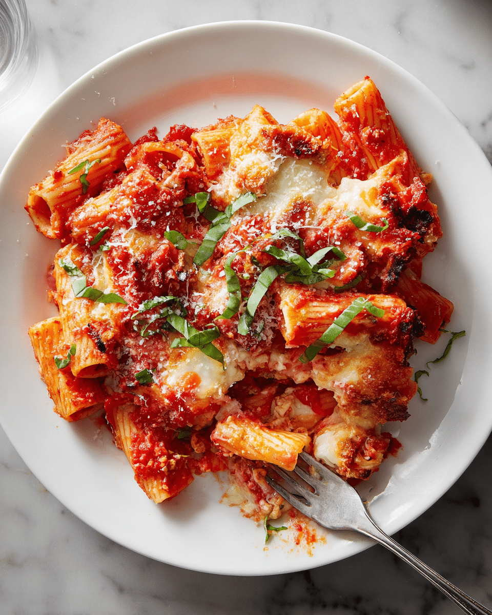 A white plate filled with baked rigatoni pasta coated in bright red tomato sauce, mixed with slightly browned, melted cheese patches that look soft and gooey on top, sprinkled lightly with fresh green basil strips and fine white grated cheese. The rigatoni tubes are thick and hollow, arranged loosely with some pieces partially covered by the cheese. A silver fork is placed near the bottom right on the plate, touching some pasta. The background is a white marbled texture. photo taken with an iphone --ar 4:5 --v 7