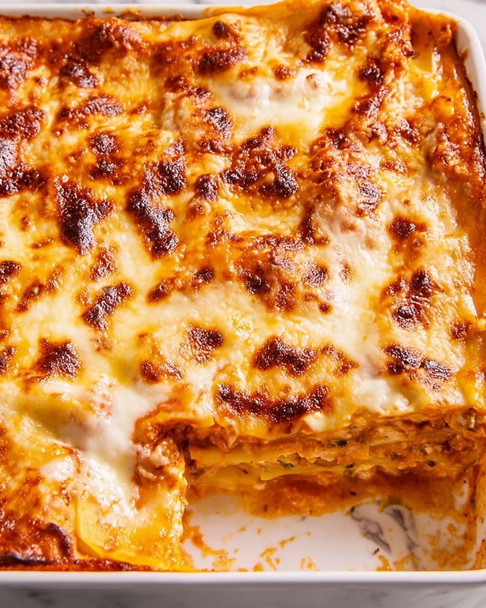 A close-up view of a baked lasagna in a white rectangular dish, showing one visible corner cut out on the right side, revealing multiple layers underneath. The top layer is melted cheese with a golden-brown and slightly crispy texture, featuring spots of darker browning. Beneath the cheese, visible areas show a mix of creamy white sauce and tomato-based sauce with a reddish-orange color. The layered pasta sheets and sauce beneath have a soft and moist texture, with hints of meat or vegetable filling peeking from the cut edge. The dish is set on a white marbled texture surface. photo taken with an iphone --ar 4:5 --v 7