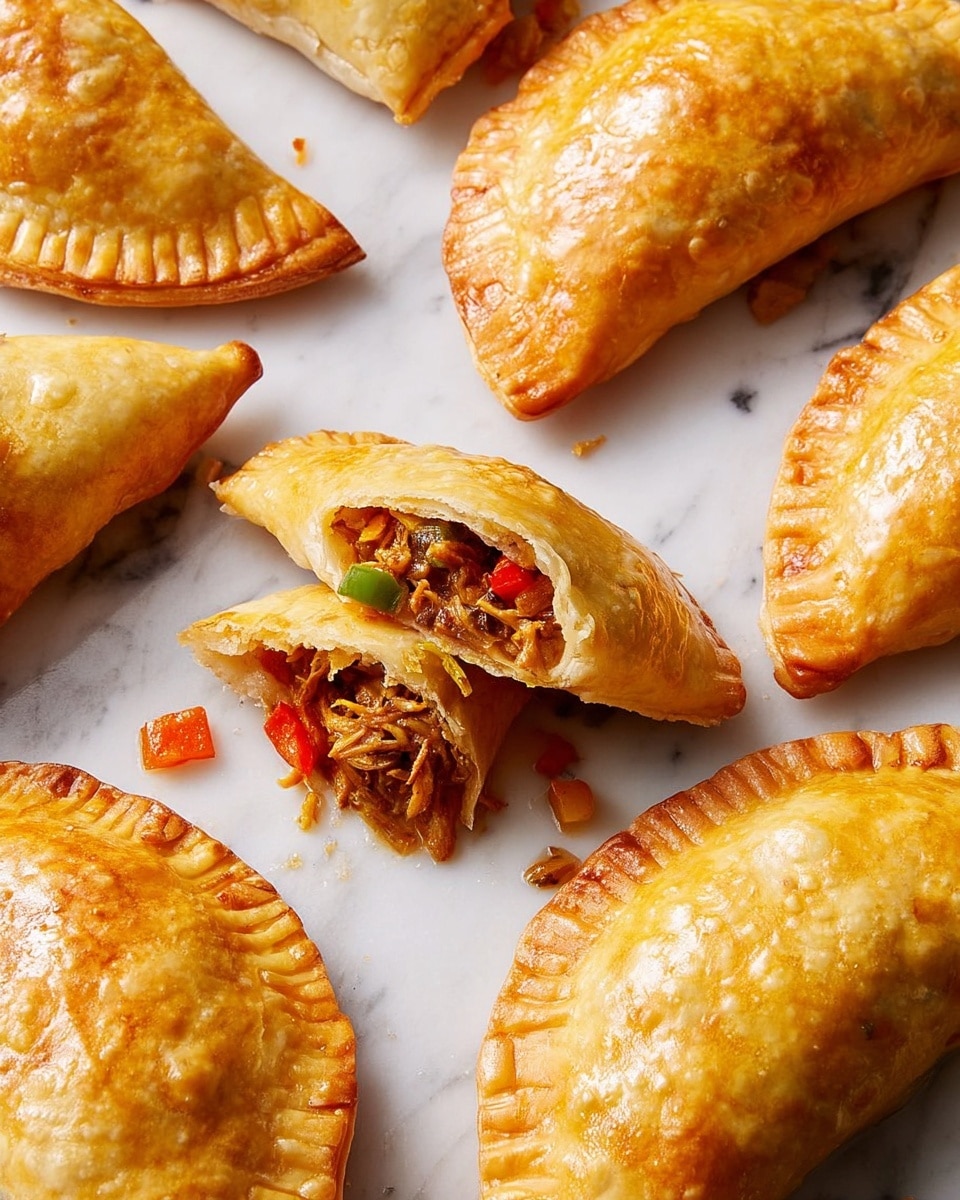 The image shows several golden-brown empanadas arranged on a white marbled surface. Each empanada has a slightly crispy, flaky crust with crimped edges, and the surface has a shiny, baked texture with some small bubbles. One empanada is cut open, revealing a colorful filling of shredded meat mixed with small pieces of red and green bell peppers. There are a few bits of filling spilled around the cut empanada, adding more color contrast. The overall look is warm and inviting, emphasizing the crispness of the crust and the savory filling inside. photo taken with an iphone --ar 4:5 --v 7