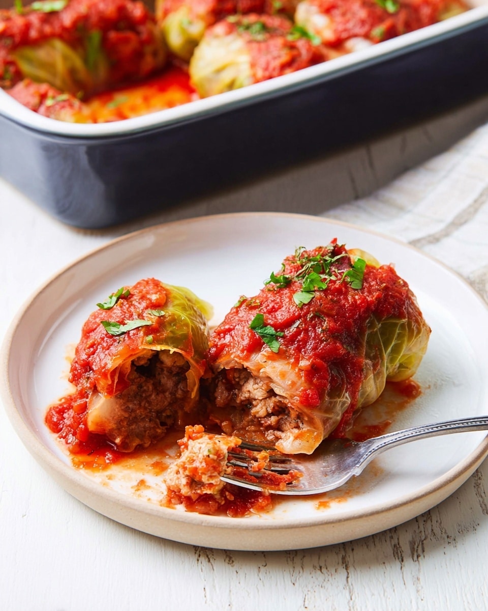 Two cabbage rolls sit on a white plate with a white marbled background. Each roll is wrapped in pale green cabbage leaves with a soft texture, filled with a brown, chunky mixture that looks like ground meat and onions. A thick layer of bright red tomato sauce with visible tomato chunks and herbs covers the top of each roll. Small green herb leaves are sprinkled on top, adding a fresh color contrast. A silver fork is cutting into one of the rolls, pushing some of the filling and sauce aside. In the background, a dark blue baking dish with more cabbage rolls inside is partly visible. Photo taken with an iphone --ar 4:5 --v 7