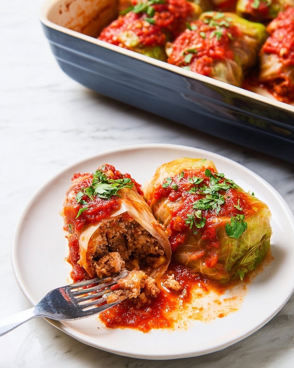 A white plate holds two cabbage rolls, each wrapped with lightly cooked cabbage leaves that have a soft, pale green color with some orange from the sauce. The rolls are topped with red tomato sauce sprinkled with fresh chopped green herbs. One cabbage roll is whole, and the other is cut open, showing the inside filled with cooked ground meat mixed with chopped onions and spices, all in a brownish color. A silver fork is piercing the cut roll, resting on the plate. The background shows a dark blue baking dish with more cabbage rolls inside, all sitting on a white marbled surface. Photo taken with an iphone --ar 4:5 --v 7