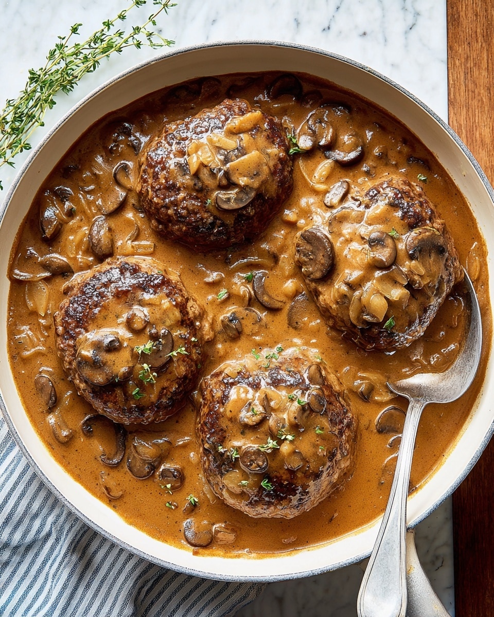 A white plate holds a serving of soft, creamy mashed potatoes that form the base layer, pale and smooth with slight peaks on the edges. On top sits a browned, thick beef patty covered with a rich brown mushroom gravy that has visible slices of dark mushrooms and small bits of herbs spread throughout. The gravy spills over the edges of the patty onto the mashed potatoes. A gold fork rests on the left side of the plate, with some gravy on its tines. The setting is on a white marbled surface with part of a clear glass cup visible on the upper right. Photo taken with an iphone --ar 4:5 --v 7
