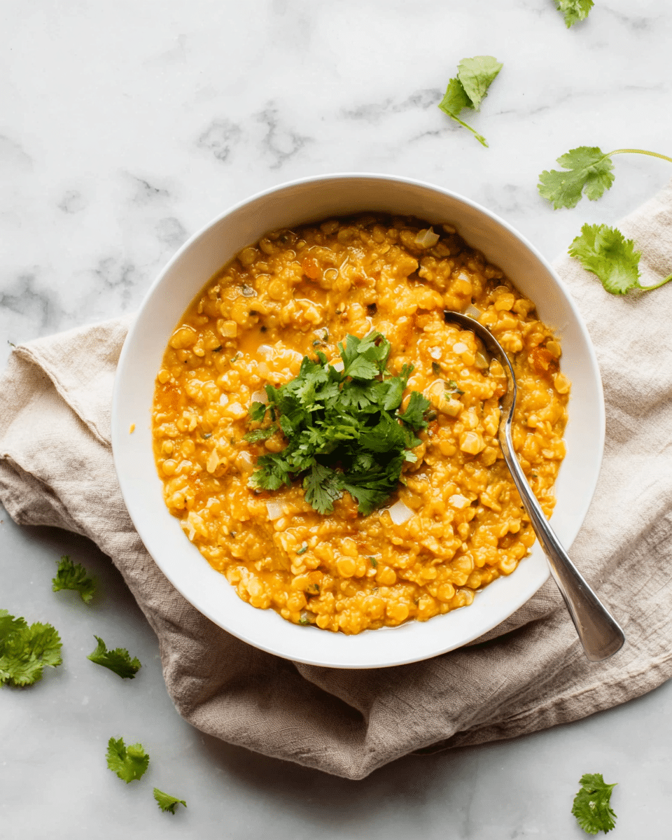 A white bowl filled with a thick, orange-yellow lentil dish that has a slightly chunky texture with visible lentils and small pieces of onion mixed in. On top, there is a small bunch of fresh green cilantro leaves for garnish. A silver spoon is placed inside the bowl on the right side. The bowl rests on a beige cloth napkin, all set on a white marbled surface with a few scattered cilantro leaves around. photo taken with an iphone --ar 4:5 --v 7