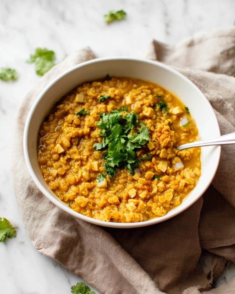 A white bowl filled with a thick, yellowish-orange lentil stew mixed with small white chunks, likely tofu or paneer, garnished with fresh green cilantro leaves placed on top. The bowl sits on a light brown cloth napkin which rests on a white marbled surface. A silver spoon is partially inside the bowl on the right side, slightly embedded in the lentil mixture. A few scattered cilantro leaves are on the marbled surface around the bowl. photo taken with an iphone --ar 4:5 --v 7