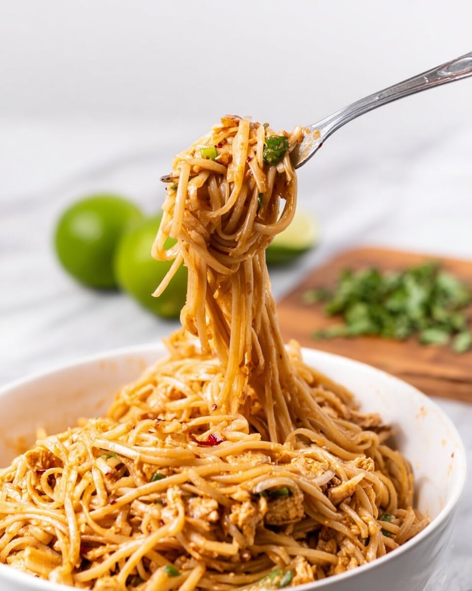 A close-up of a white bowl filled with noodles coated in a light brown sauce mixed with small green pieces and bits of tofu or chicken. A silver pasta fork lifts a portion of the noodles high above the bowl, showing long, slightly glossy strands tangled together with specks of red chili flakes. In the background, there are two limes and a wooden cutting board with chopped green herbs on a white marbled surface. The image focuses on the noodles and fork, highlighting the texture and sauce. photo taken with an iphone --ar 4:5 --v 7