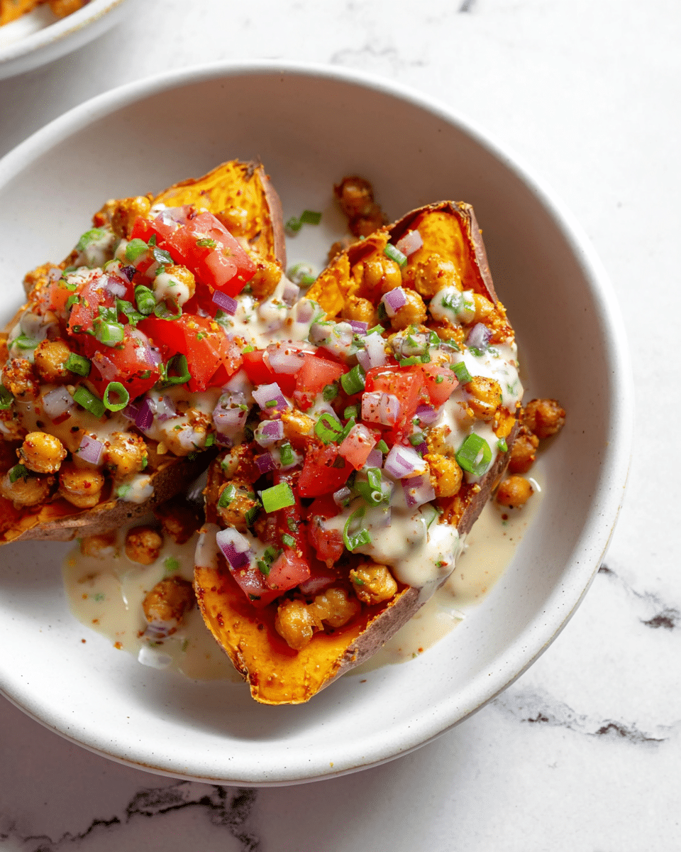 The dish shows two halves of a roasted sweet potato placed on a white bowl, each with a soft, orange-yellow inside. On top, there is a layer of chickpeas browned with spices, giving a slightly crispy texture. Above the chickpeas, a fresh mixture of chopped red tomatoes, purple onions, and green spring onions adds bright colors and a mix of soft and crunchy textures. The whole dish is drizzled with a creamy, light-colored sauce that pools slightly around the vegetables and chickpeas. The image background is a white marbled texture. photo taken with an iphone --ar 4:5 --v 7
