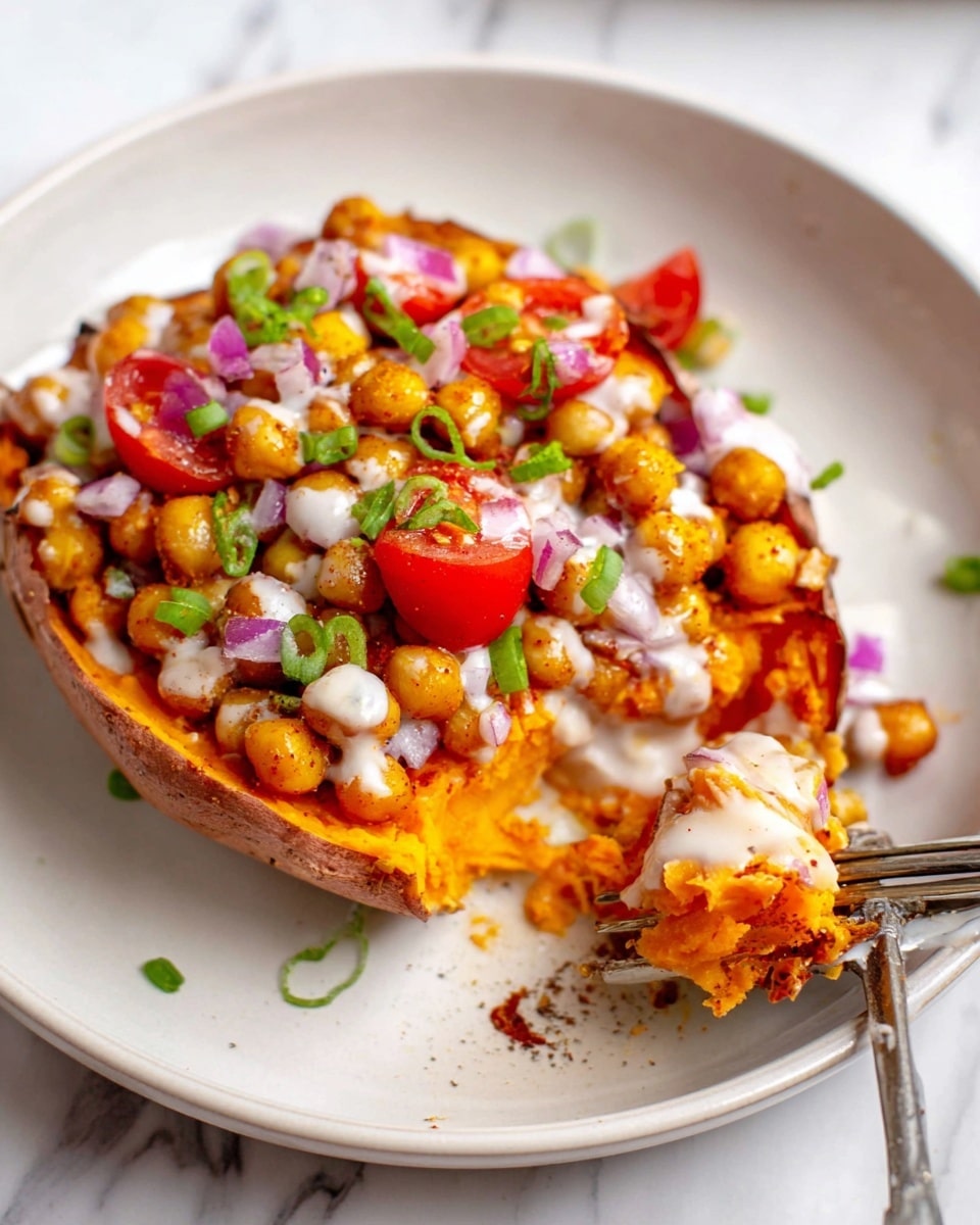 A white plate holds a halved baked sweet potato topped with several layers. The base layer shows the bright orange soft sweet potato flesh, partially scooped out. On top, there is a thick layer of cooked chickpeas with a golden-brown roasted texture. Fresh red cherry tomato pieces and small bits of purple onion are scattered, adding bright pops of color. A drizzle of creamy white sauce covers the toppings, and chopped green onions are sprinkled on top, adding freshness. The dish is set on a white marbled surface, and a fork is partially inside the potato. photo taken with an iphone --ar 4:5 --v 7