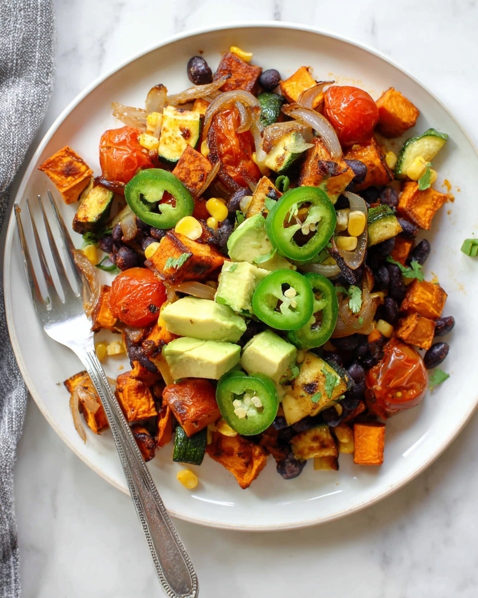 A white plate holds a colorful mix of roasted vegetables, layered with browned sweet potato cubes as the base, along with black beans and yellow corn scattered throughout. On top, there are caramelized onion slices, roasted cherry tomatoes, and chunks of green zucchini. The dish is finished with diced avocado and several slices of bright green jalapeño placed on the very top. A silver fork rests on the left side of the plate, set against a white marbled surface. photo taken with an iphone --ar 4:5 --v 7