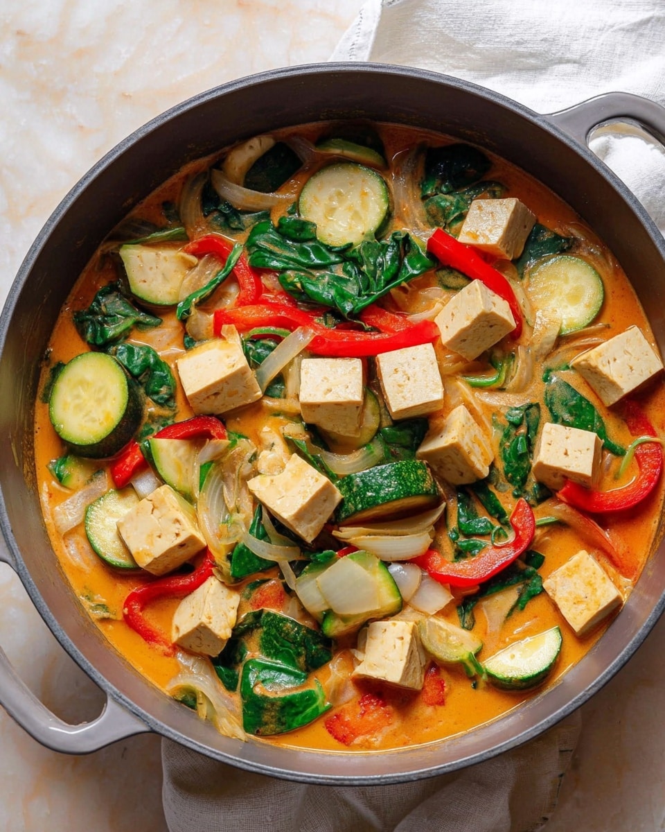 A large grey pot filled with a colorful mix of food sits against a white marbled texture background. Inside the pot, there are many beige tofu cubes with a slightly rough texture, scattered evenly throughout. Bright green spinach leaves with a soft, leafy texture are mixed in among slices of green zucchini, which show a shiny, smooth surface and light inner flesh. Red bell pepper strips and translucent white onion slices add vibrant colors and different textures, all swimming in a rich orange sauce that looks smooth and creamy. The pot is placed on a folded white cloth, and no woman's hand is in the image. The whole scene has a warm, fresh, and wholesome feel. photo taken with an iphone --ar 4:5 --v 7