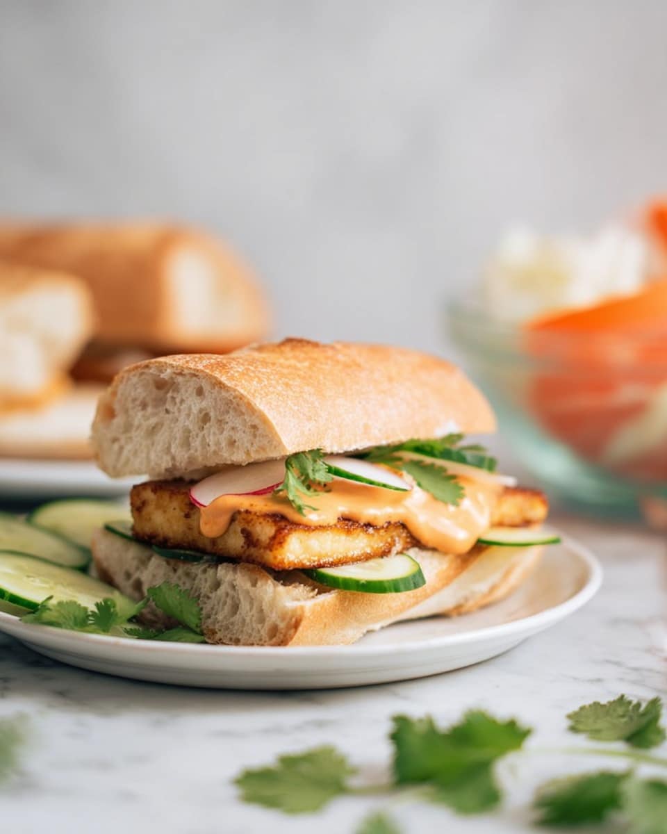 The image shows a sandwich made with a crusty cut white baguette that has a lightly golden-brown top and a soft airy inside. Inside the sandwich, there is a thick, golden-brown piece of fried tofu as the main layer, topped with a creamy orange sauce that looks smooth and slightly glossy. Below the tofu, there is a layer of thinly sliced white radish and bright green cucumber slices, adding texture and freshness. The sandwich is set on a white plate on a white marbled surface, with some green cilantro leaves placed around for garnish. In the background, there is a glass bowl with more sliced vegetables, softly blurred. photo taken with an iphone --ar 4:5 --v 7