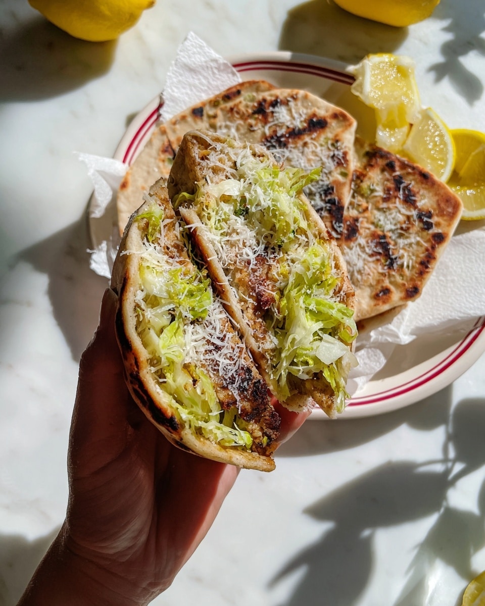 The image shows a close-up of a grilled tortilla folded in a woman's hand, filled with three visible layers: a bottom layer of browned, slightly charred flatbread, a middle layer of shredded light green lettuce mixed with some yellow bits, and a top layer of finely grated white cheese covering the filling. In the background, there are three more similar grilled tortillas laid out on white paper on a white plate with thin red stripes, along with lemon wedges nearby. The surface underneath is a white marbled texture, and some shadows of leaves fall on the scene. photo taken with an iphone --ar 4:5 --v 7