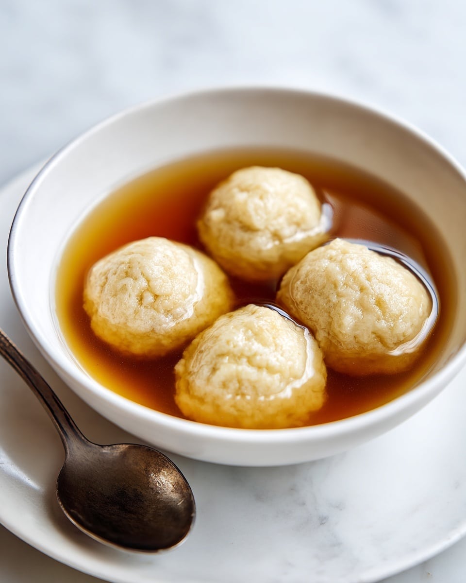 A white bowl filled with a clear brown broth holding four soft, pale dumplings floating on the surface. The dumplings have a rough and slightly bumpy texture, with an off-white color, and are arranged loosely across the bowl. The smooth, shiny broth contrasts with the textured dumplings, making them stand out. The bowl is placed on a white marbled surface next to a metal spoon. photo taken with an iphone --ar 4:5 --v 7