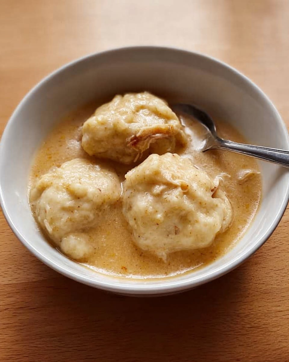 A white bowl holds three soft, uneven dumplings floating in a light brown, thick gravy with small bits of shredded meat visible in the sauce. The dumplings have a textured surface that looks fluffy and slightly crumbly. A spoon is partially placed inside the bowl on the right side, resting against the edge. The bowl is set on a light wooden table with a smooth finish. photo taken with an iphone --ar 4:5 --v 7