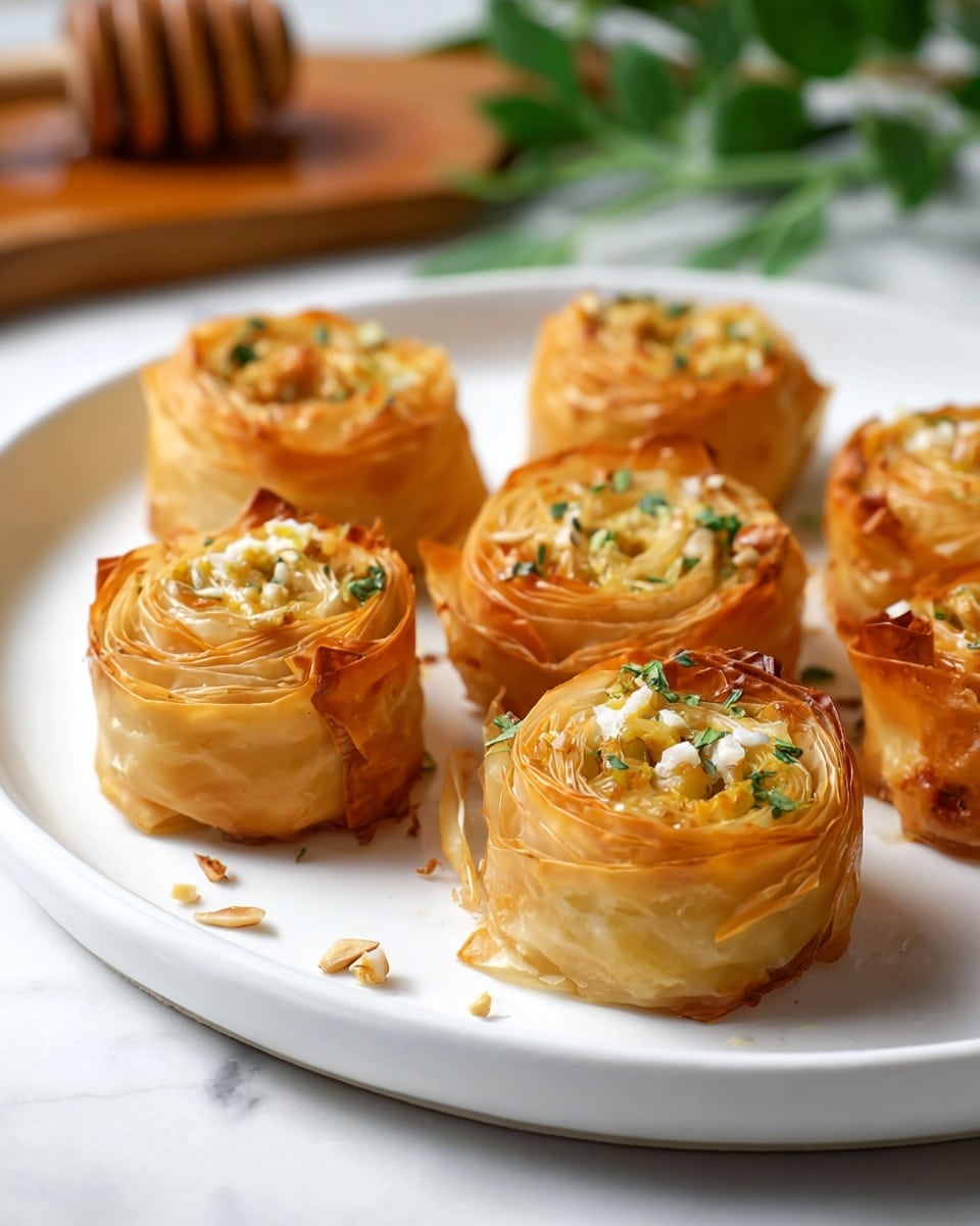 The image shows six small round pastries on a white plate placed on a white marbled surface. Each pastry has multiple thin golden-brown layers of crispy phyllo dough rolled in a spiral shape. The top layer of each pastry looks glossy with a honey-like glaze and is sprinkled with finely chopped green herbs and small bits of nuts. The front pastry is cut in half, revealing the many delicate layers inside with a sticky, shiny filling, showing a soft, textured center. There are some drips of glaze pooling slightly around the pastries. Photo taken with an iphone --ar 4:5 --v 7