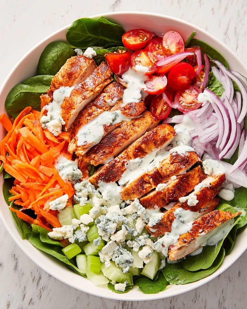A white bowl filled with a fresh salad shows several layers. The bottom layer is made of green spinach and lettuce leaves. On top of that, there are thin slices of purple onion spread around the edge. Next to the onion, chunks of blue cheese are placed on one side, with bright green slices of cucumber and celery nearby. There are bright red cherry tomatoes and thin orange carrot sticks arranged around the edges. On top of all these layers are thick slices of grilled chicken with a shiny, grilled brown surface. The chicken pieces are drizzled with a white herb dressing. The bowl is on a white marbled surface with a blue cloth in the background. Photo taken with an iphone --ar 4:5 --v 7