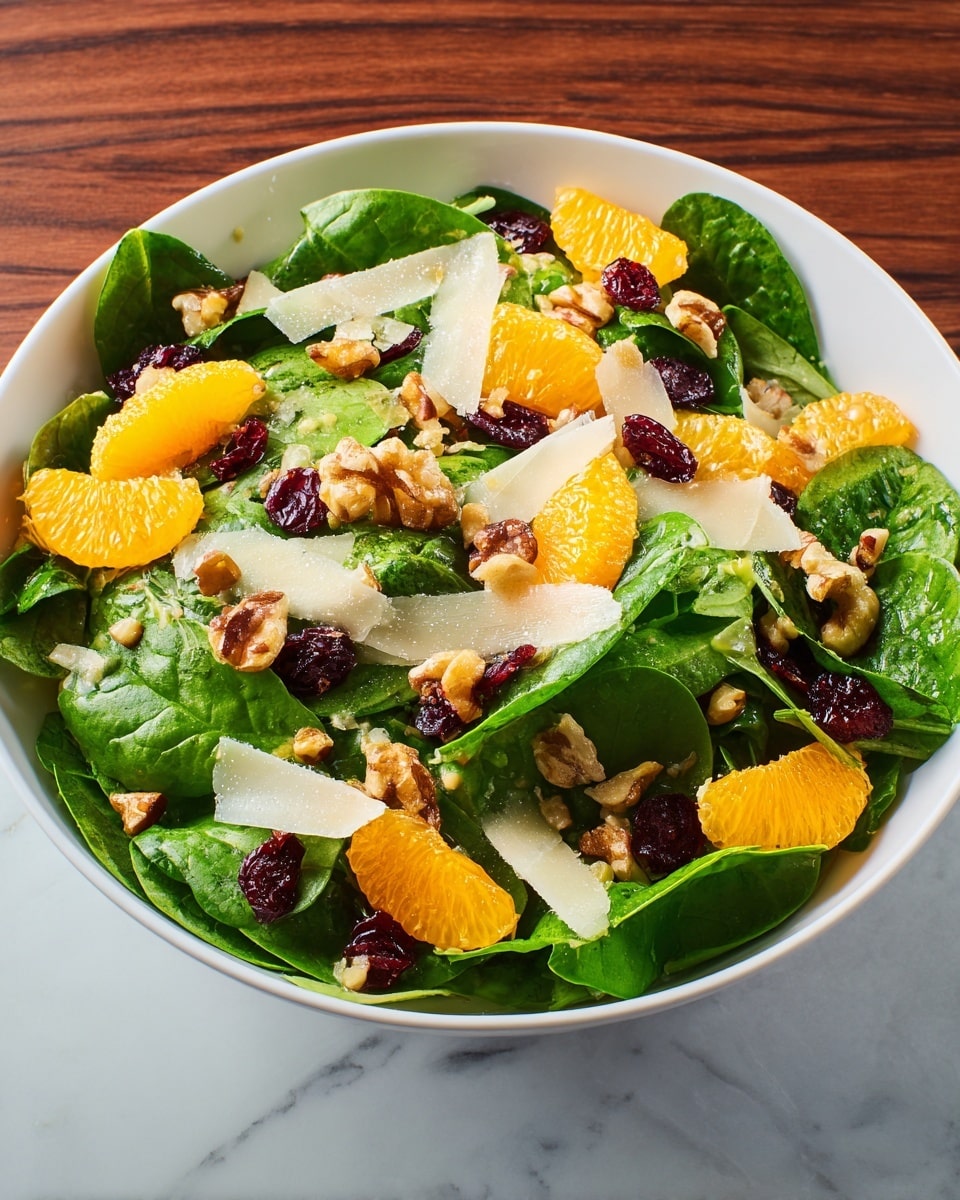 A fresh salad in a white bowl on a white marbled surface, showing multiple layers starting with a bed of dark green spinach leaves with visible veins and smooth texture. On top, bright orange mandarin segments are scattered evenly, adding vibrant color. Dried dark red cranberries are spread among the spinach and mandarin pieces, giving a chewy texture contrast. There are also pieces of light brown walnuts placed throughout, showing a rough, crinkled texture. Large thin white shavings of cheese are sprinkled on the top, their smooth, slightly translucent surfaces catching the light. The salad looks fresh, colorful, and inviting. photo taken with an iphone --ar 4:5 --v 7