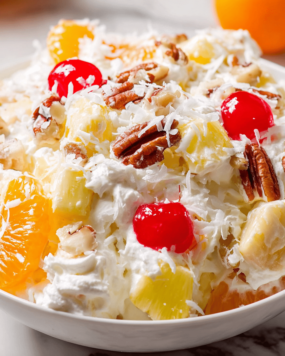 A close-up of a bowl of fruit salad on a white marbled surface shows several layers: at the bottom, white whipped cream with a soft texture, topped with bright orange mandarin slices and yellow pineapple chunks. Scattered over these are shiny red maraschino cherries, dark brown chopped pecans, and white shredded coconut, creating a mix of smooth, juicy, crunchy, and fibrous textures all layered evenly in a white bowl. Photo taken with an iphone --ar 4:5 --v 7