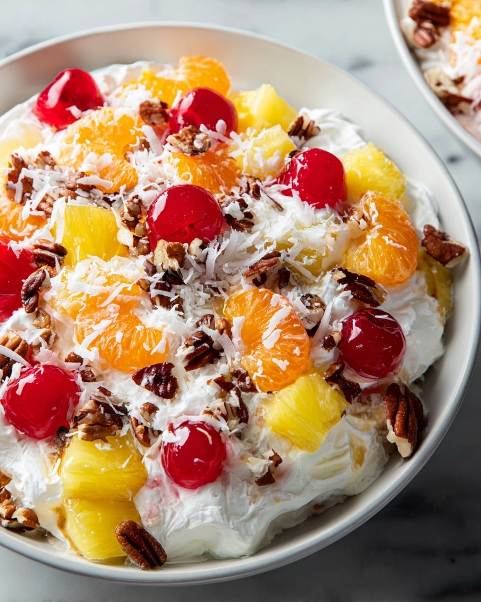 This image shows a close-up of a creamy fruit salad served in a white bowl. The salad has several layers including white whipped cream with a soft and fluffy texture, bright red cherries, light orange chunks of mandarin, yellow pineapple pieces, and beige chunks of banana. There are also whole pecans scattered on top and shredded white coconut sprinkled over everything. The colors are bright and mixed evenly throughout the dish, creating a fresh and inviting look. The bowl sits on a white marbled surface in soft natural light. photo taken with an iphone --ar 4:5 --v 7