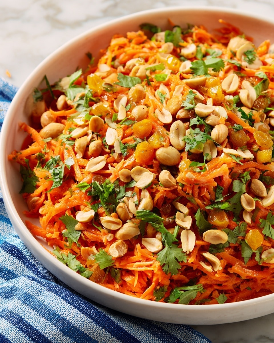 A close-up view of a bowl filled with a colorful carrot salad showing about five layers: the base is made of bright orange shredded carrots with a soft texture, mixed throughout with pale beige peanuts that add a crunchy look, small light green sliced scallions, shiny golden raisins, and fresh dark green cilantro leaves scattered on top. The white bowl holding the salad sits on a white marbled surface with a blue and white striped cloth partially visible on the side. The photo taken with an iphone --ar 4:5 --v 7