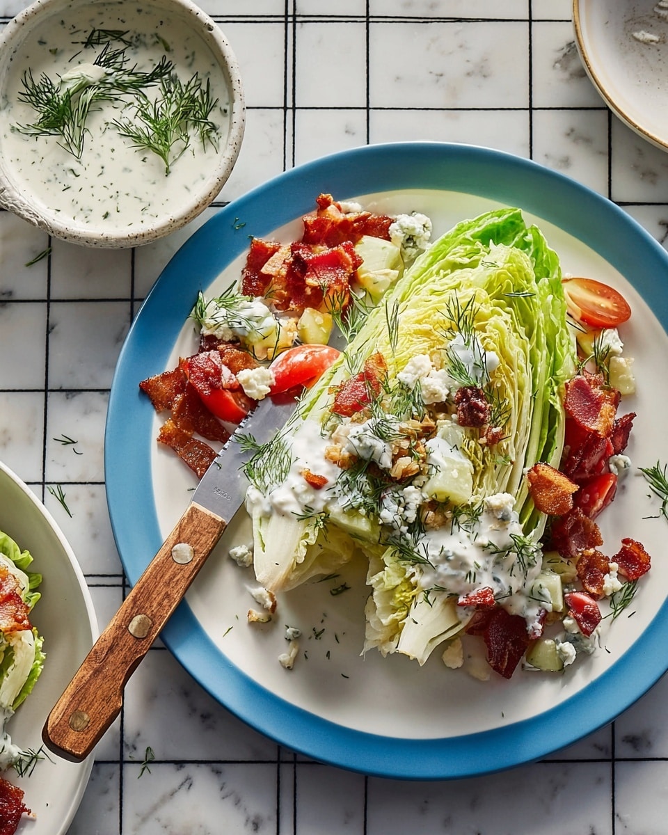 A wedge salad is placed on a white plate with a blue center, set on a white marbled surface covered by a grid-patterned cloth. The salad consists of a large bright green iceberg lettuce wedge at the center, topped with creamy white dressing mixed with herbs. Scattered around the wedge are small pieces of red tomato, crisp dark brown bacon strips, crumbled white and blue cheese, and fresh green herbs. A serrated knife with a wooden handle rests beside the salad on the plate. To the left, a white bowl with creamy dressing garnished with green herbs is partially visible. photo taken with an iphone --ar 4:5 --v 7