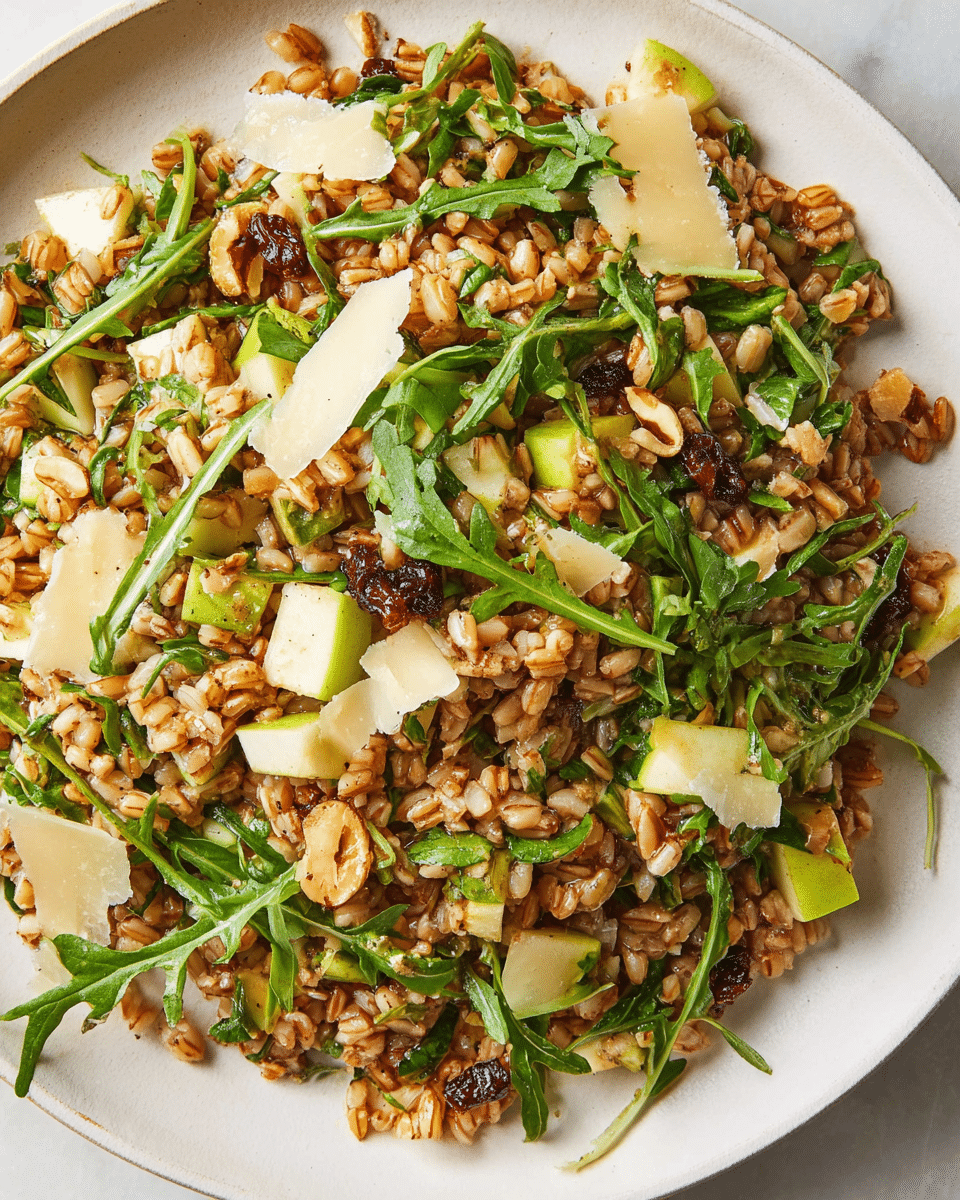 The image shows a white plate filled with a mixed grain salad that has three main layers visible: the base layer made up of small, light brown grains scattered evenly, the middle layer consisting of chopped light green pieces of cucumber or zucchini spread throughout, and the top layer of bright green arugula leaves and some small white cheese shavings scattered over the grains. There are small bits of toasted brown nuts or seeds mixed in, adding texture. The salad has a fresh, colorful look with a mix of green, brown, and white shades on a white marbled background. photo taken with an iphone --ar 4:5 --v 7