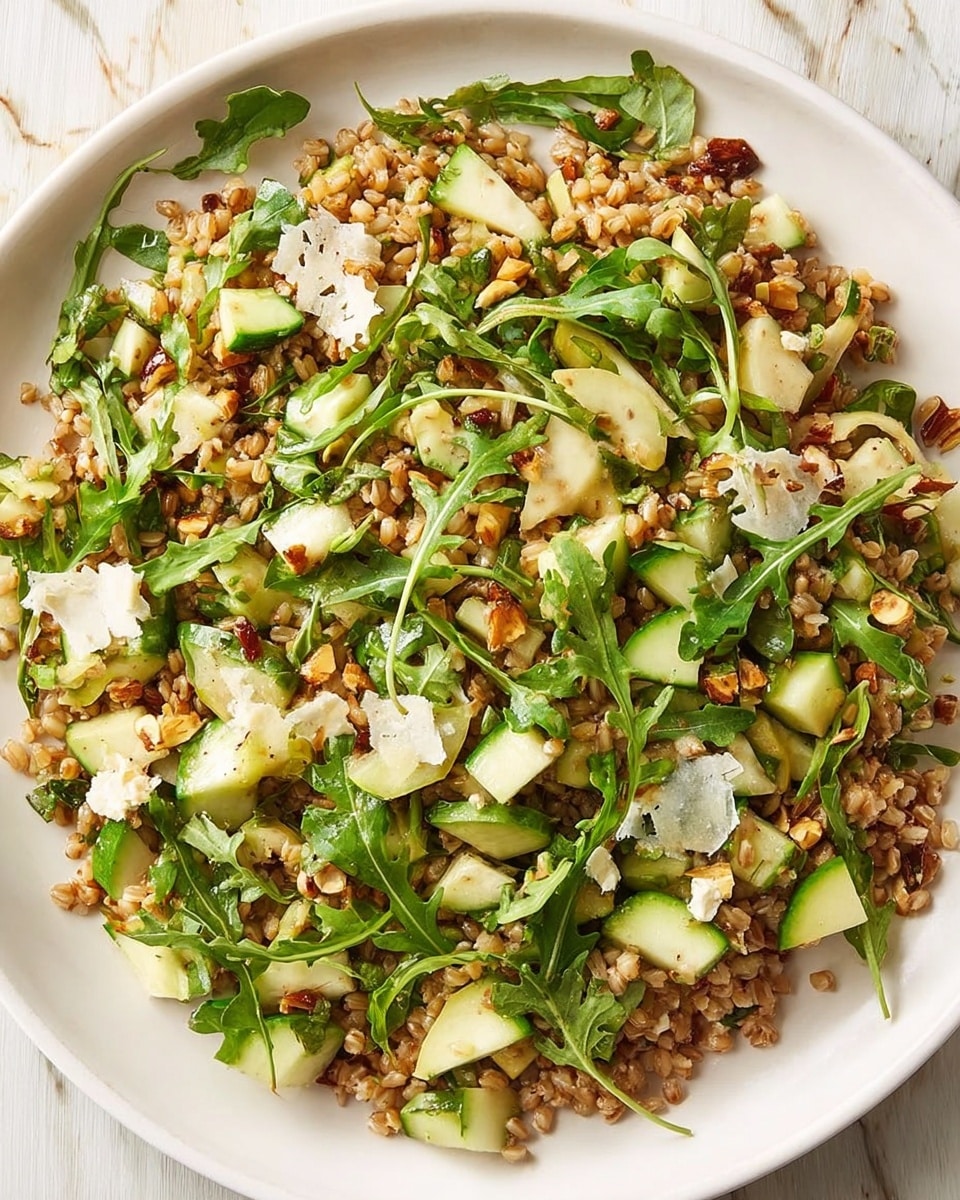A close-up view of a mixed grain salad served on a white plate on a white marbled surface, showing several layers of ingredients. The base layer consists of light brown cooked grains with a slightly glossy texture. Scattered throughout are small pieces of green apple with a crisp, smooth surface. Bright green arugula leaves with jagged edges are mixed in evenly, adding a fresh and leafy texture. There are bits of toasted nuts and small dark red dried fruit pieces spread over the salad, adding contrast and extra texture. Thin shavings of pale yellow cheese are visible on top, slightly curled and broken, mixing lightly with the grains and greens. The whole dish looks fresh and colorful with an overall rustic yet vibrant feel. photo taken with an iphone --ar 4:5 --v 7
