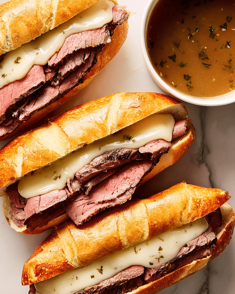 Three sandwiches sit on a white marbled surface, each made with a long, shiny golden toasted white bun sliced open to hold the fillings. Inside the bun, there are two layers: the bottom layer is thick slices of pink, juicy roast beef with darkened edges from grilling, and the top layer is melted white cheese with a smooth, slightly glossy texture, covering the beef but still showing its edges. To the upper right side of the sandwiches, there is a white bowl filled with brown broth that has small herbs floating on the surface. photo taken with an iphone --ar 4:5 --v 7