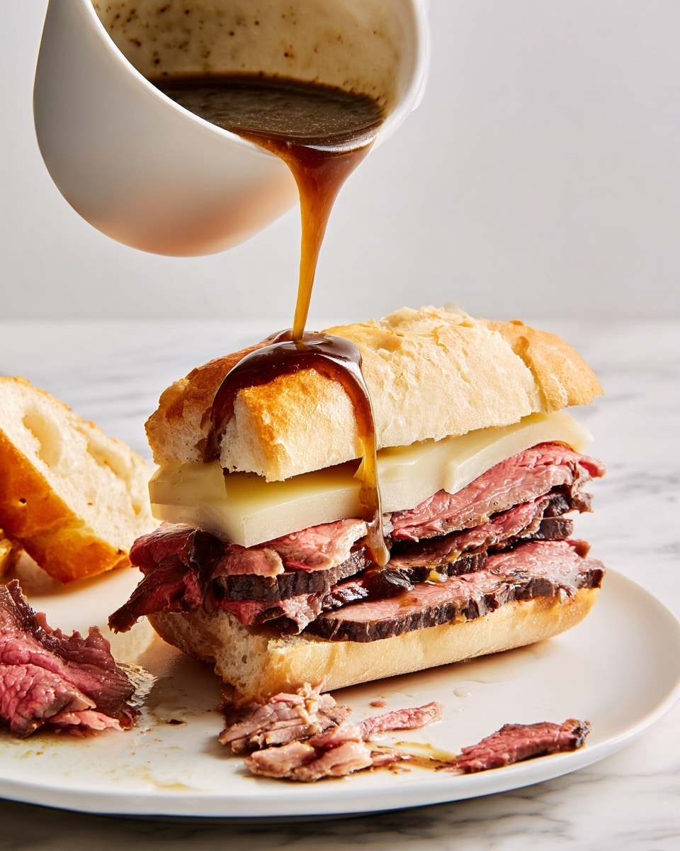 A sliced beef sandwich with three visible layers: a soft golden-brown top bun, a layer of melted pale yellow cheese, and several thick slices of pink roast beef with charred edges resting on a white sandwich roll base; the upper half is being dipped into a white bowl filled with dark brown au jus sauce that drips from the sandwich back into the bowl, all placed on a white round plate with meat pieces and sauce stains, set against a white marbled background. Photo taken with an iphone --ar 4:5 --v 7