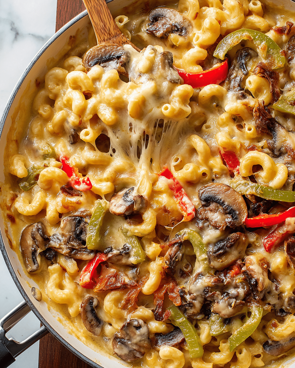 A close-up of a white pan filled with creamy mac and cheese layered with sautéed brown mushrooms, red and green bell pepper strips, and caramelized onions. The macaroni is slightly yellow and smooth in texture, melted cheese is stringy and gooey, draping over the pasta and vegetables. The white pan rests on a white marbled surface visible at the edges, adding contrast to the warm colors of the dish. photo taken with an iphone --ar 4:5 --v 7