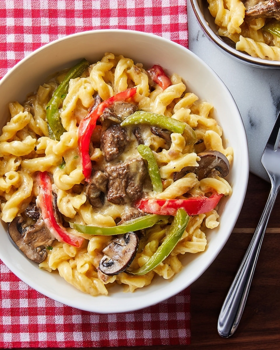 The image shows a bowl filled with a creamy macaroni dish, featuring three main layers: the base layer of twisted macaroni pasta in a light yellow color, followed by cooked strips of green and red bell peppers and brown mushrooms scattered throughout, and finally pieces of browned beef mixed in, all coated in a smooth, melted creamy sauce that clings to the ingredients. The bowl itself is white and placed on a white marbled surface with a red and white checkered paper underneath, next to a silver fork on the right side. Photo taken with an iphone --ar 4:5 --v 7