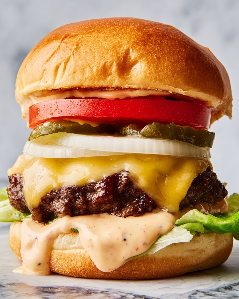 A close-up view of a cheeseburger with six visible layers, set against a white marbled texture. From bottom to top, there is a soft, golden-brown bun with some lettuce and a generous spread of creamy, pale orange sauce with red specks. Above that is a thick, bright red slice of tomato, topped by a juicy, dark brown beef patty melted with rich, yellow-orange cheddar cheese oozing slightly over the sides. Next is a thick, white slice of onion sitting under dark green bumpy pickle slices with wavy edges. Over the pickles is more of the creamy pale orange sauce, topped with a fluffy golden-brown top bun that has a soft texture and a few small cracks. photo taken with an iphone --ar 4:5 --v 7