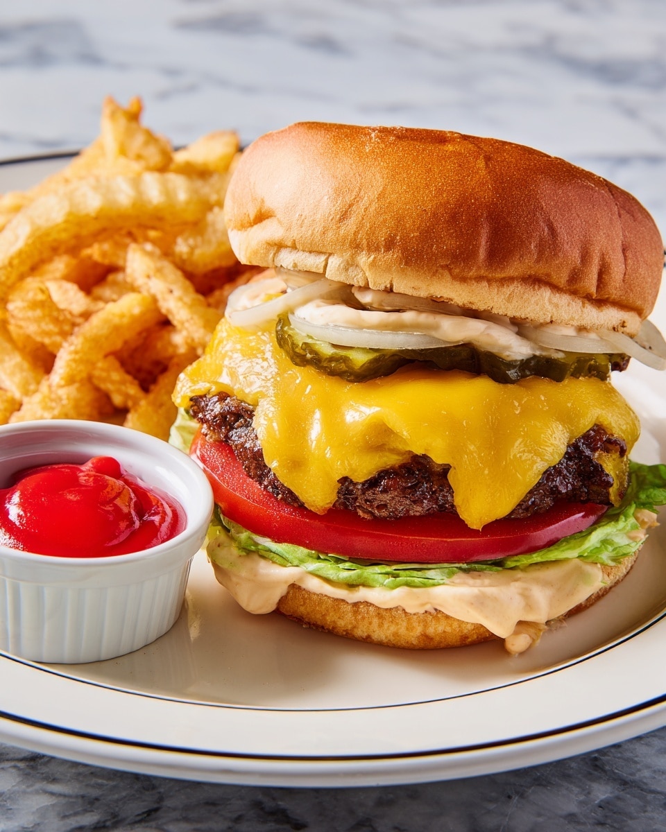 A cheeseburger with five visible layers stacked from bottom to top: a soft, light brown bun base with a spread of creamy sauce and a few green lettuce bits, topped with a thick slice of bright red tomato, followed by a juicy, grilled beef patty covered with melted yellow cheddar cheese, then a thick slice of white onion, and topped with several dark green pickle slices covered partially by a dollop of creamy sauce; all is capped with a soft, golden brown top bun. The sandwich sits on a white plate with a black rim, alongside golden crisscut fries and a small white ramekin filled with bright red ketchup. The plate is placed on a white marbled surface. photo taken with an iphone --ar 4:5 --v 7