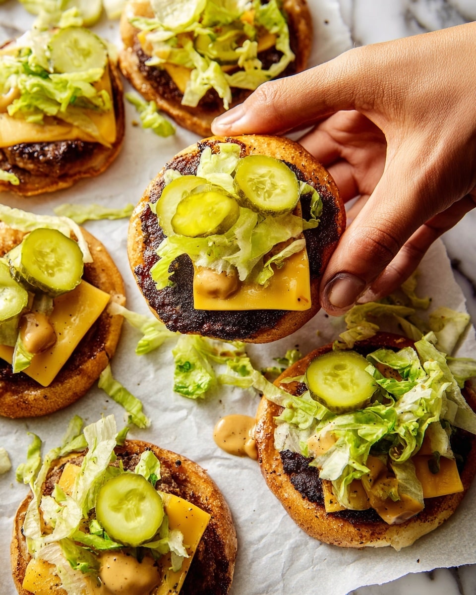 Several small tostadas are arranged on top of white marbled paper over a white marbled surface. Each tostada has a crispy golden brown base, topped with a dark brown grilled patty. On top of the patty is a layer of bright orange melted cheese, then a drizzle of creamy pale orange sauce. Above the sauce, thinly shredded pale green lettuce is spread unevenly with some pieces scattered around. There are also round green pickle slices layered above the lettuce on some tostadas. Small white bits of chopped onion are sprinkled on top of the layers. Two small metal bowls containing extra chopped onions and creamy sauce are placed near the tostadas. The setting looks bright and fresh. Photo taken with an iphone --ar 4:5 --v 7