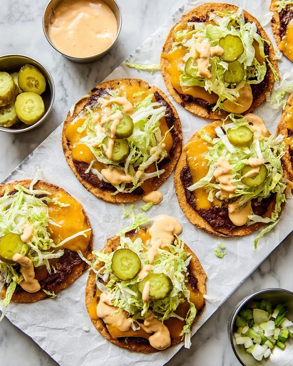 The image shows small crispy brown buns topped with a dark grilled patty, melting bright yellow cheese squares, light tan sauce dollops, several slices of green pickles, and shredded light green lettuce scattered on white parchment over a white marbled surface. One woman’s hand is holding up one bun from the center to show its layers clearly. The buns have a slightly toasted texture while the lettuce adds a fresh, leafy look. The scene includes more similar buns arranged around the lifted one with some shredded lettuce and cheese pieces scattered around. photo taken with an iphone --ar 4:5 --v 7