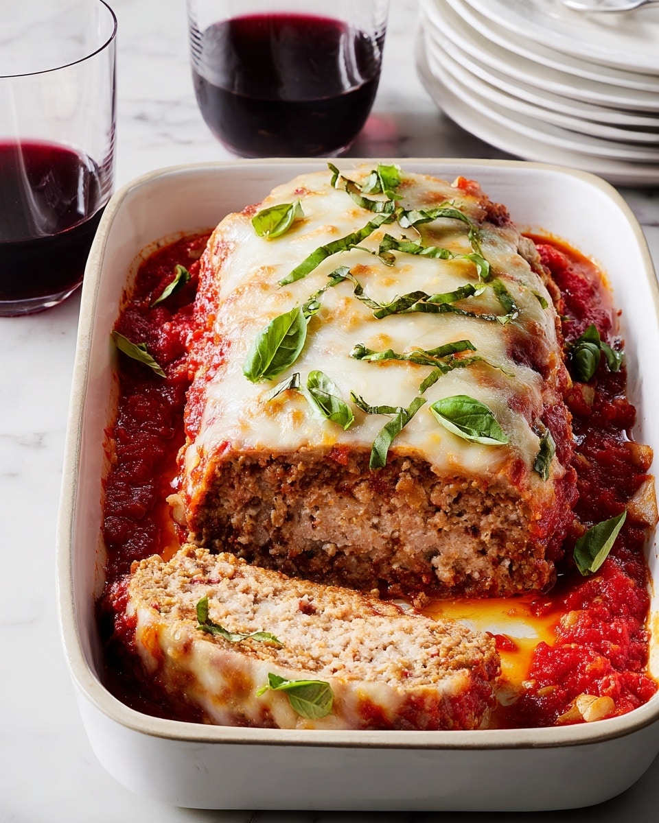 A white rectangular baking dish holds a sliced meatloaf topped with a layer of melted golden-brown cheese and scattered green basil leaves. The meatloaf itself shows a light brown texture with bits of seasoning, resting on a thick, chunky red tomato sauce base with visible tomato pieces and more basil leaves spread around. Two glasses of dark red wine sit behind the dish on a white marbled surface. Photo taken with an iphone --ar 4:5 --v 7