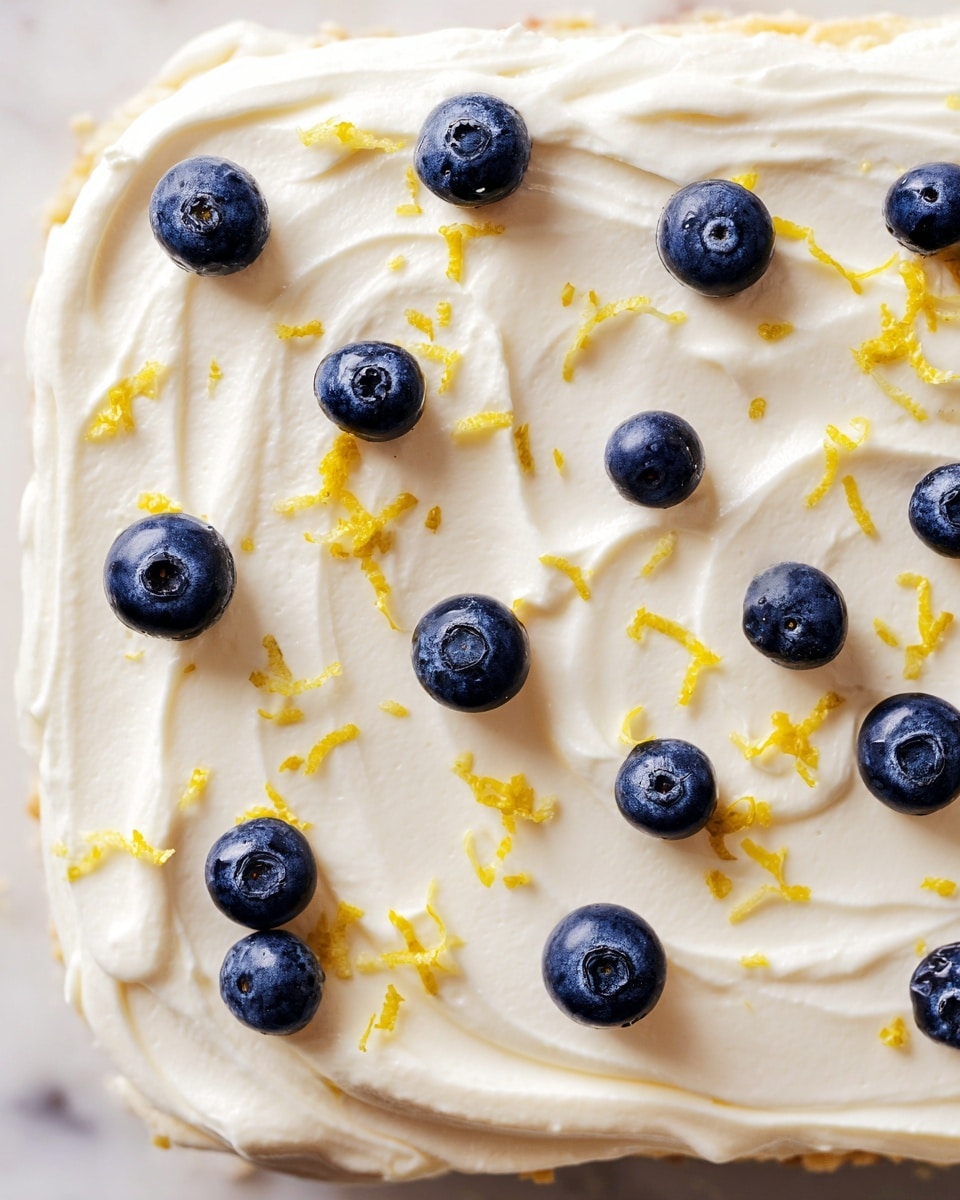 A close-up view showing a creamy white layer spread thick and smooth, with visible gentle swirls across the surface. Scattered evenly on top are small, round, deep blue blueberries, each with a natural matte texture. Bright yellow lemon zest is dotted lightly around the berries, adding a fresh contrast in color. The base beneath the creamy layer is a pale golden color, slightly peeking out at the edges. The background is a white marbled surface. photo taken with an iphone --ar 4:5 --v 7