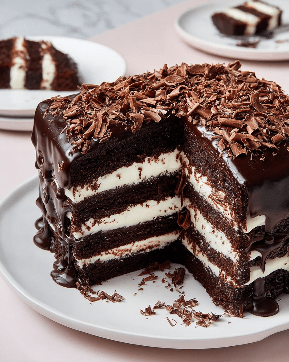 A tall, square layered chocolate cake with four layers of dark, moist chocolate sponge, each separated by thick white cream filling. The top layer is covered with shiny dark chocolate ganache that drips slightly down the sides. The surface of the ganache is sprinkled with many small and curled light brown chocolate shavings. A slice is cut out from the cake, showing the clear contrast between the dark sponge and white cream inside. It sits on a white plate on a white marbled surface. In the background, there is another white plate with a piece of the cake. photo taken with an iphone --ar 4:5 --v 7