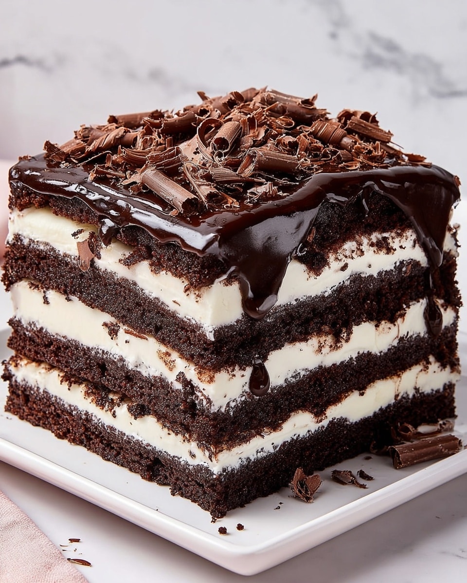 The image shows a rich, square-shaped layered chocolate cake with four distinct layers of dark, moist chocolate sponge. Between each chocolate layer, there is a thick spread of creamy white frosting that looks smooth and soft. The top layer is covered with a shiny, dark chocolate glaze that drips slightly down the sides, adding a glossy finish. On top of the glaze, there are many small, curled chocolate shavings scattered evenly, adding texture and decoration. The cake is placed on a white square plate, and the background is a white marbled texture. Photo taken with an iphone --ar 4:5 --v 7