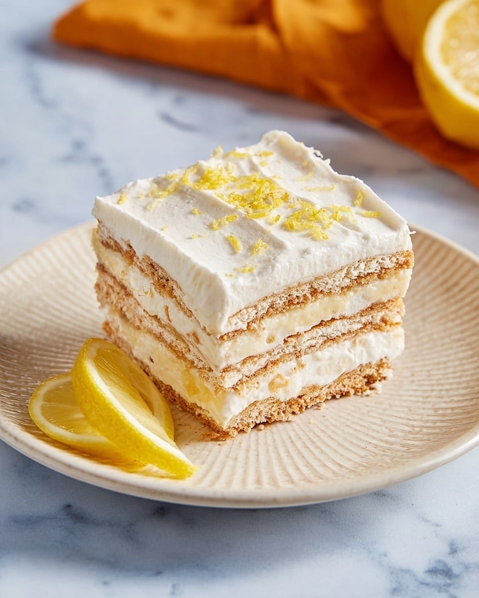 A square slice of layered lemon dessert sits on a white plate with a subtle textured pattern; the dessert has five layers of light beige biscuit separated by thick white cream layers. The top cream layer is smooth with a bit of zest sprinkled on it and a small wedge of fresh lemon placed near the edge. The plate rests on a white marbled surface with a soft orange cloth in the background. Photo taken with an iphone --ar 4:5 --v 7