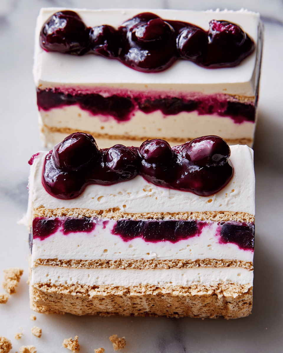 Two rectangular slices of a layered dessert rest on a white marbled surface, each slice showing five layers. The bottom layer is a light brown crumbly biscuit base, followed by a thick white creamy layer. Above this is a thin, deep purple jelly layer with visible whole berries, topped again by a white creamy layer. Another crumbly biscuit layer lies near the top, with a final white creamy layer crowned by dollops of glossy, dark purple berry sauce. The textures contrast between smooth cream, crumbly biscuits, and thick berry jelly. Photo taken with an iphone --ar 4:5 --v 7