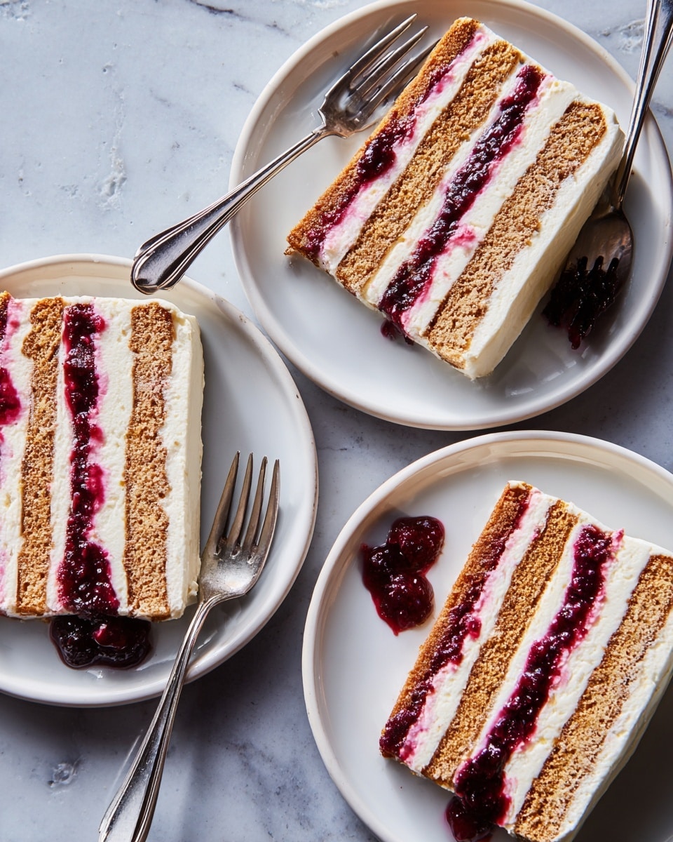 Three slices of layered cake are placed on white plates, each with four visible layers of light brown cake and creamy white filling. Between every layer, there are strips of dark red berry sauce that look thick and glossy, with some berry chunks on the side of each slice. Silver forks rest on two of the plates, and the background is a white marbled texture. The scene is bright and clear, showing the smooth texture of the creamy layers and the rich color of the berry sauce. photo taken with an iphone --ar 4:5 --v 7